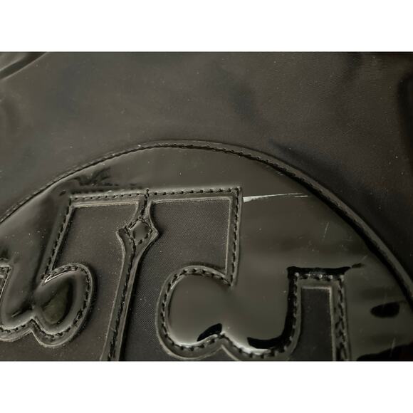 Tory Burch Ella Tote Bag Large Black Patent Leather Logo Nylon - Picture 5 of 7